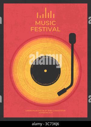 Grunge Music Festival Poster Design mit heller Silhouette des Schallplattenspielers. Vorlage für Musikfestival mit Schallplatte. Vektorabbildung Stock Vektor