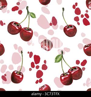Verspieltes nahtloses Muster handgemalte Aquarellillustration mit Kirschen und abstrakten Punkten auf weichem Pastellhintergrund. Spaß und modern Stockfoto