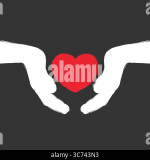Menschliche Hände, die ein Herz halten. Minimalistisches Poster mit der Silhouette eines Herzens zwischen umschlossenen menschlichen Händen. Vektorabbildung Stock Vektor