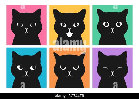 Ein Satz schwarzer Katzengesichter mit verschiedenen Emotionen. Katzenporträtset. Vektorabbildung Stock Vektor