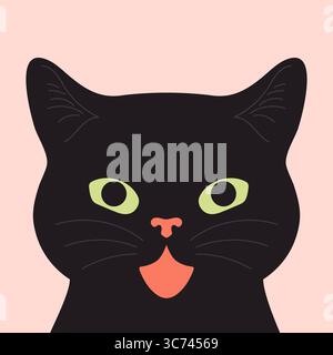 Süße schwarze Katze mit offenem Mund. Katzengesicht-Porträt. Die schwarze Katze miaut. Vektorabbildung Stock Vektor