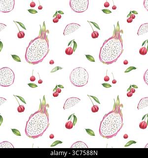 Saftiges tropisches nahtloses Muster mit Pitahaya-Scheiben und Acerola-Beeren nahtloses Muster auf isoliertem Hintergrund. Pinke Pitahaya Stockfoto