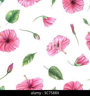 Nahtloses Aquarellmuster mit rosa Hibiskusblüten, Blättern auf isoliertem Hintergrund. Handgemalte chinesische Rose Illustration für tropische Tapeten Stockfoto