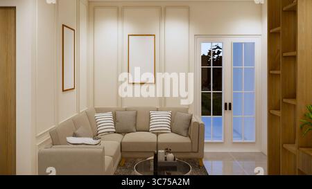 Wohnzimmer mit Essbereich, ideal für Lifestyle und Innenarchitektur Stockfoto