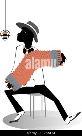 Afrikanischer Mann, der Akkordeon spielt und singt. Afrikanischer Musiker, der Akkordeon spielt und im Mikrofon singt. Isoliert auf weißem Hintergrund Stock Vektor