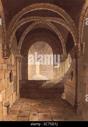 Sächsische Kapelle von Conisbrough Castle, eine mittelalterliche Festung in Conisbrough, South Yorkshire, England. Die Burg wurde ursprünglich im 11. Jahrhundert von William de Warenne, dem Earl of Surrey, nach der normannischen Eroberung Englands im Jahr 1066 erbaut. Um 1850, nach einem Gemälde von Theodore Henry Adolphus Fielding, digital verbesserte Reproduktion, historisch, exaktes Datum unbekannt Stockfoto