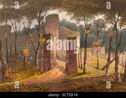 Eingang zum Conisbrough Castle, einer mittelalterlichen Festung in Conisbrough, South Yorkshire, England, die ursprünglich im 11. Jahrhundert von William de Warenne, dem Earl of Surrey, nach der normannischen Eroberung Englands im Jahr 1066 erbaut wurde, um 1850, nach einem Gemälde von Theodore Henry Adolphus Fielding, digital verbesserte Reproduktion, historisch, exaktes Datum unbekannt Stockfoto