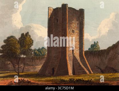 Watchtower von Conisbrough Castle, einer mittelalterlichen Festung in Conisbrough, South Yorkshire, England, ursprünglich im 11. Jahrhundert von William de Warenne, dem Earl of Surrey, nach der normannischen Eroberung Englands im Jahre 1066 erbaut, um 1850, nach einem Gemälde von Theodore Henry Adolphus Fielding, digital verbesserte Reproduktion, historisch, exaktes Datum unbekannt Stockfoto