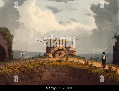 Ein Ofen auf dem Hügel von Conisbrough Castle, einer mittelalterlichen Festung in Conisbrough, South Yorkshire, England. Die Burg wurde ursprünglich im 11. Jahrhundert von William de Warenne, dem Earl of Surrey, nach der normannischen Eroberung Englands im Jahr 1066 erbaut. Um 1850, nach einem Gemälde von Theodore Henry Adolphus Fielding, digital verbesserte Reproduktion, historisch, exaktes Datum unbekannt Stockfoto