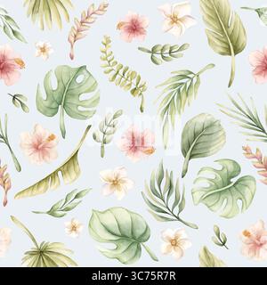 Tropische Blätter und rosa Blumen exotische Pflanze Aquarell handgemalt Sommer Pastell nahtloses Muster auf blauem Hintergrund Stockfoto