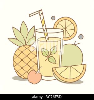 Erfrischende Fruchtsaft-Illustration: Ananas, Zitrone und Kirsche, Glas Fruchtsaft, begleitet von einer Ananas, Zitronenscheiben, einer Kirsche und einem Hauch o Stock Vektor