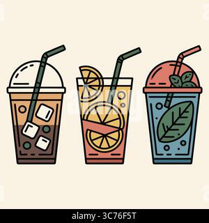 Erfrischende Sommergetränke: Eiskaffee, Orangensaft und Minze, drei erfrischende Sommergetränke: Eiskaffee mit Eiswürfeln, ein lebendiger Orangensaft mit Stock Vektor
