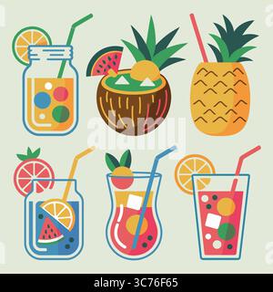 Sommer-Cocktails: Tropische Getränke, Einmachgläser und erfrischende Getränke, Sammlung flacher Illustrationen mit einer Vielzahl von Sommer-Cocktails Stock Vektor