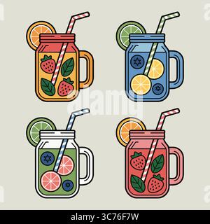 Mason Jar Fruit Infunded Drinks: Lebendige Sommergetränke, Sammlung von vier farbenfrohen Illustrationen mit mason Gläsern gefüllt mit erfrischenden Früchten- Stock Vektor