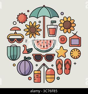 Summer Icons: Eine lebendige Sammlung von Essentials für den Urlaub, kreisförmige Anordnung von Ikonen im Sommer, darunter Sonnenbrillen, Wassermelonen, Stock Vektor