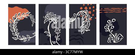 Set aus Poster oder Karte mit Pinsel abstrakte Skizze Blumen und hinterlässt organische Formen Hintergrund. Minimalistisches Blumenbündel Stock Vektor
