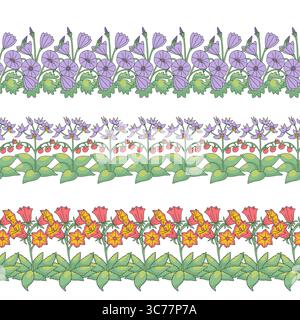 Set mit Streifenmustern mit Blumen der kanarischen Inseln. Bündelt nahtlose horizontale Ränder mit Blumenmuster Stock Vektor