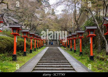 Kyoto, Japan-11. April 2025; steile Treppen des Tsuzura-ori Pfades mit vielen roten Laternen führen zu den vielen shinto-Tempeln am Berg in Kura Stockfoto