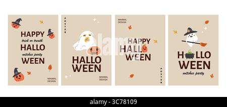 Minimalistisches halloween-Poster-Set mit Kürbisgeistern und Hexenpartys. Stock Vektor