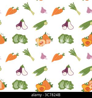 Nahtloses Muster mit bunten Gemüse Karotten Kohl Paprika Auberginen für Textildesign. Stock Vektor