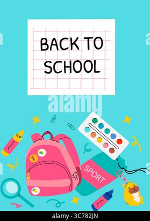 Farbenfrohes Poster mit verspieltem Design, Schulrucksack, Buntstiften und niedlichen Elementen für Kindergartenkinder. Perfekt für eine frühe Ausbildung Stock Vektor