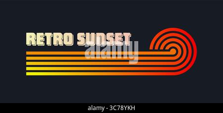 Farbenfroher Sonnenuntergang im Vintage-Stil. Verschiedene gestreifte Sonnenaufgangsabzeichen im Stil der 80er und 90er Jahre. Blick auf Sonne und Meer, Sommerstimmung, Surfen. Designelement für Stock Vektor