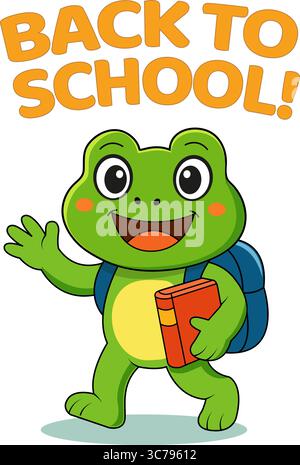 Fröhlicher Comicfrosch geht zurück zur Schule, hält ein rotes Buch und trägt einen Rucksack. Farbenfrohe, lustige und freundliche Vektorillustration ideal für Kinder Bildungsmaterialien, Back-to-School-Aktionen, Poster, Grußkarten, Aufkleber, und die Einrichtung im Klassenzimmer. Stock Vektor
