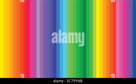 Farbenfrohe, nahtlose Textur mit vertikalen Regenbogenstreifen in flachem, modernem Stil. Glatte lebhafte Streifen von Rot, Orange, Gelb, Grün, Blau, und Violett Creat Stock Vektor