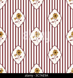 Rustikale romantische Wiese gelbe Blumen und rote Streifen Vektor nahtlose Muster. Cottagecore Gartenblumen-Druck Stock Vektor