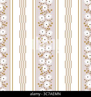 Rustikale romantische Wiese Blumen und Streifen Tapete Vektor nahtlose Muster. Cottagecore-Muster mit Blumenmuster Stock Vektor