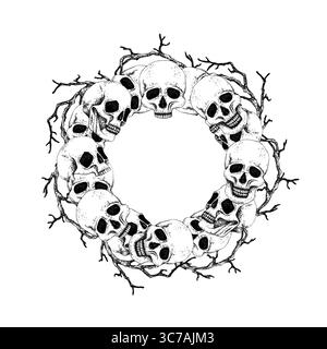 Menschliche Schädel mit Verzweigungen kreist Rahmen Vorlage Grafikstil. Vektorillustration mit weißem Hintergrund. Handgezeichnete Tinte im gotischen Stil für Halloween Stock Vektor