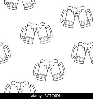 Nahtloses Biermuster. Toasten voller Bierbecher mit Schaum. Hand gezeichnet Schwarz-weiß Grafik Vektor-Illustration im Doodle-Stil isoliert auf Stock Vektor