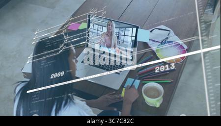 Frau kritzelt Haftnotizen auf dem Laptop im Arbeitsbereich zu Hause mit Code-Overlays-Farbrad Stockfoto