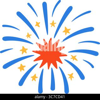 Feuerwerk in Blau und Rot mit gelben dekorativen Punkten. Flacher Cartoon-Vektor-Stil, isoliert und sauber. Illustration des Rohvektors in abgewickelter Form. Stock Vektor