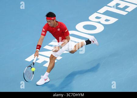 3. Februar 2021: Kei Nishikori (Japan) in der John Cain Arena in Melbourne (Australien) im Team D ATP Cup gegen Daniil Medwedew (Russland). Medwedew gewann 62 64. Sydney Low/Cal Sport Media.(Kreditbild: &Copy; Sydney Low/CSM via ZUMA Wire) Stockfoto