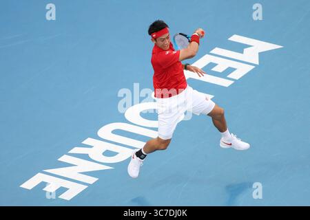 3. Februar 2021: Kei Nishikori (Japan) in der John Cain Arena in Melbourne (Australien) im Team D ATP Cup gegen Daniil Medwedew (Russland). Medwedew gewann 62 64. Sydney Low/Cal Sport Media.(Kreditbild: &Copy; Sydney Low/CSM via ZUMA Wire) Stockfoto