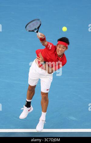 3. Februar 2021: Kei Nishikori (Japan) in der John Cain Arena in Melbourne (Australien) im Team D ATP Cup gegen Daniil Medwedew (Russland). Medwedew gewann 62 64. Sydney Low/Cal Sport Media.(Kreditbild: &Copy; Sydney Low/CSM via ZUMA Wire) Stockfoto