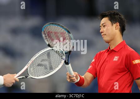 3. Februar 2021: Kei Nishikori aus Japan verliert in der John-Cain-Arena in Melbourne das Gruppenspiel im ATP-Cup gegen Daniil Medwedew aus Russland. Medwedew gewann 62 64. Sydney Low/Cal Sport Media.(Kreditbild: &Copy; Sydney Low/CSM via ZUMA Wire) Stockfoto