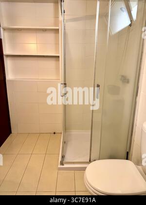 Modernes, sauberes Badezimmer mit weißen Fliesen, Duschkabine, Toilette, Bidet, Waschbecken, und Lagerregale. Stockfoto