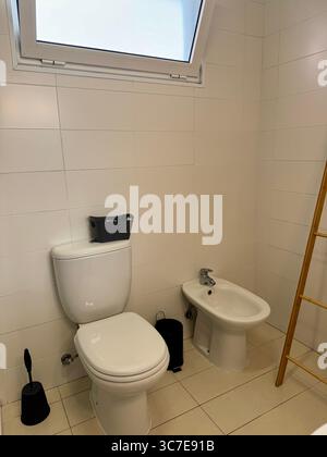 Modernes, sauberes Badezimmer mit weißen Fliesen, Duschkabine, Toilette, Bidet, Waschbecken, und Lagerregale. Stockfoto