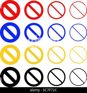 Satz von Vektorsymbolen ohne Symbole in Rot, Blau, Gelb und Schwarz mit variierender Konturstärke und verschiedenen Stilvarianten, die für Beschränkungszeichen entwickelt wurden. Stock Vektor