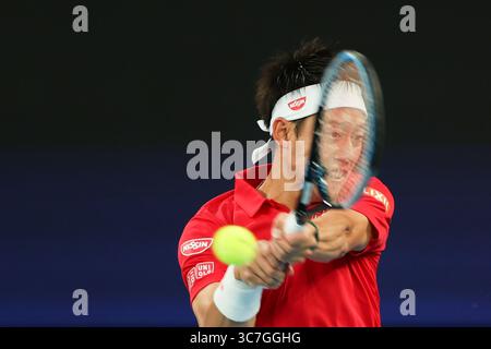 6. Februar 2021: Kei NISHIKORI aus Japan in einem Gruppenspiel im ATP Cup in der Rod Laver Arena in Melbourne, Australien, gegen Diego SCHWARTZMAN aus Argentinien. Foto Sydney Low/Cal Sport Media.(Kreditbild: &Copy; Sydney Low/CSM via ZUMA Wire) Stockfoto