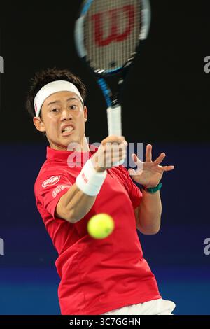 6. Februar 2021 in Melbourne, Australien: KEI NISHIKORI aus Japan im Kampf gegen D. Schwartzman aus Argentinien in einem Gruppenspiel im ATP Cup in der Rod Laver Arena. (Bild: © Sydney Low/CSM via ZUMA Wire) Stockfoto