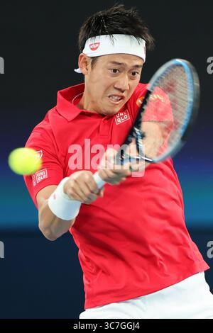 6. Februar 2021: Kei NISHIKORI aus Japan in einem Gruppenspiel im ATP Cup in der Rod Laver Arena in Melbourne, Australien, gegen Diego SCHWARTZMAN aus Argentinien. Foto Sydney Low/Cal Sport Media.(Kreditbild: &Copy; Sydney Low/CSM via ZUMA Wire) Stockfoto