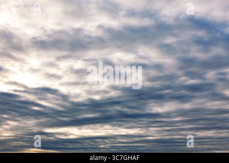 Eine dichte Decke aus Stratocumulus-Wolken zieht sich über den Himmel und bildet ein strukturiertes, welliges Muster. Sonnenlicht filtert sanft durch und wirkt weich Stockfoto