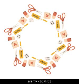 Einfacher Schulkreisrahmen. Runder Schulrand aus verschiedenen Schulobjekten. Weiche Pastellfarben zurück zur Schule Hand gezeichnetes Vektorbanner Stock Vektor