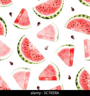 Nahtloses Wassermelonenmuster mit gemischten Scheiben und verstreuten Samen auf weißem Hintergrund. Ideal für Sommerverpackungen, Fruchtdrucke, Küchentücher, Partys Stockfoto