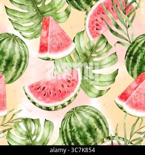 Nahtloses Wassermelonenmuster mit tropischen Blättern auf weichem rosa und gelbem Aquarellhintergrund. Ideal für Sommertextilien, Geschenkpapier, Partyartikel Stockfoto