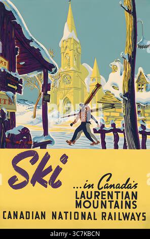 Ein wunderschönes Reiseposter aus dem Jahr 1950 für Skiiig in den Laurentian Mountains von Kanada, mit der Canadian Pacific Railways. Stockfoto
