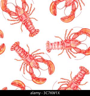 Nahtloses Aquarellmuster mit roten Hummer und Krallen auf weißem Hintergrund. Ideal für Verpackungspapier für Meeresfrüchte, Stoffe mit Meeresmotiven, Küchentücher, o Stockfoto